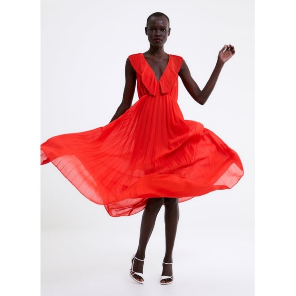 Zara Plunging Red Pleated Maxi Dress